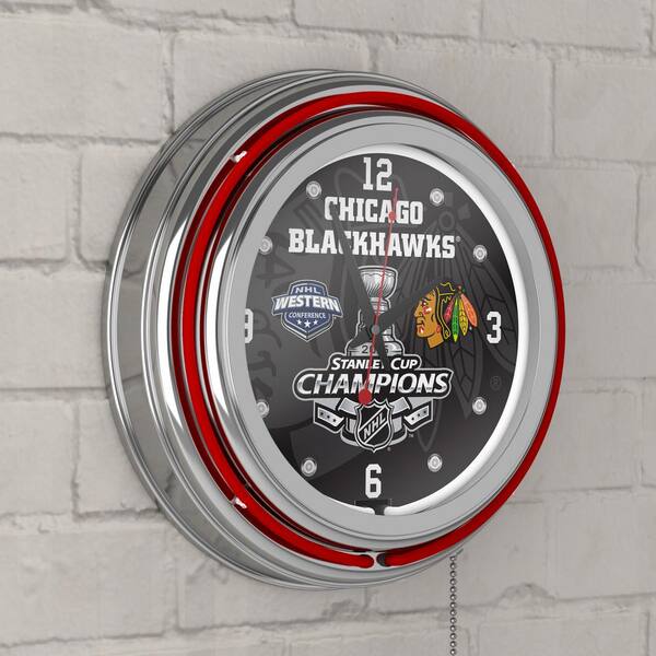 Chicago Blackhawks Red 2015 Stanley Cup Champs Lighted Analog Neon Clock