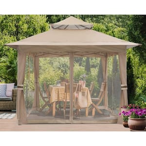 13 ft. x 13 ft. Khaki Steel Pop Up Portable Gazebo Outdoor Patio Canopy Double Roof with Mosquito Netting