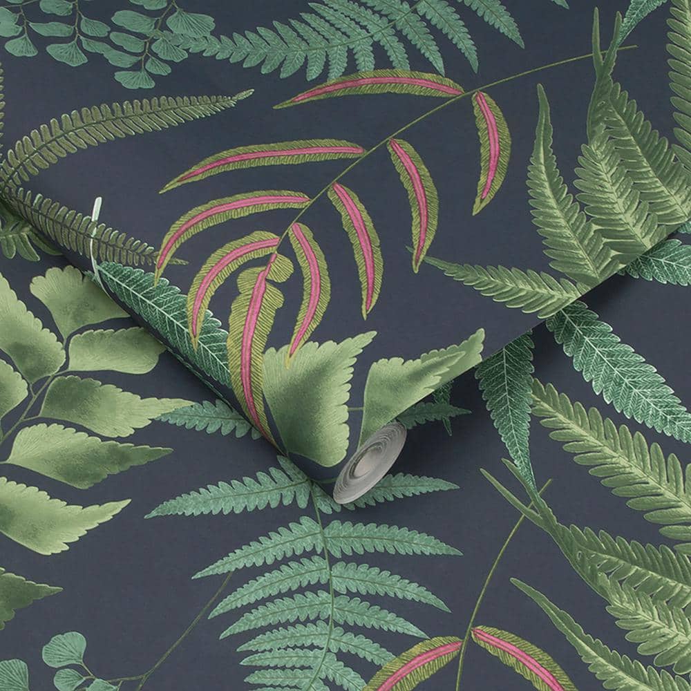 Midsummer Fern Navy Blue and Green Botanical Wallpaper