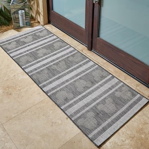 Mickey Mouse Steel/Ash 2 ft. x 6 ft. Striped Indoor/Outdoor Runner Rug