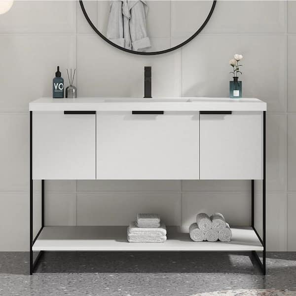 MYCASS SUGUR 48 in. W x 18. in D. x 35 in. H Freestanding Bath Vanity Cabinet with Sink in White with White Resin Sink and Top