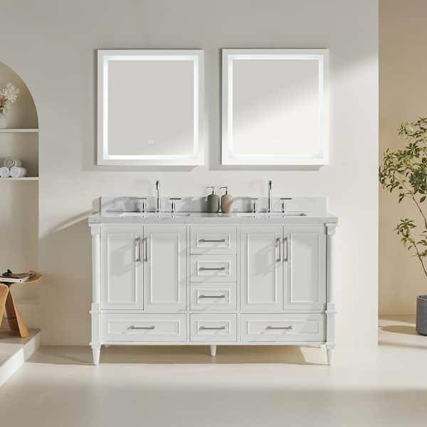 60 in. Soiled Wood Freestanding White Bath Vanity with Carrara Marble Top Assembled