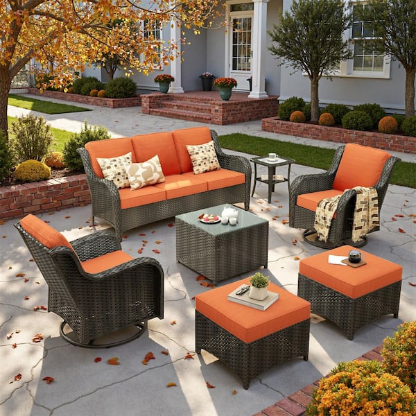 Clario 7-Piece Wicker Patio Seating Conversation Set with Orange Red Cushion and 360° Rocking Swivel Chair for Backyard