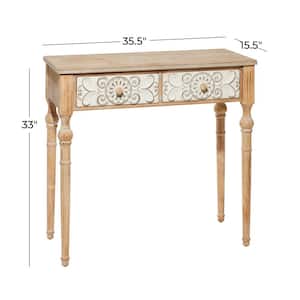 36 in. Brown Extra Large Rectangle Wood Intricately Carved 2 Drawers Floral Console Table