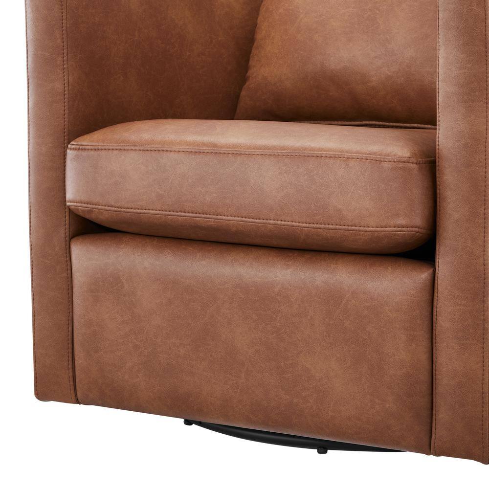 Saddle Brown Faux Leather Swivel Barrel Chair