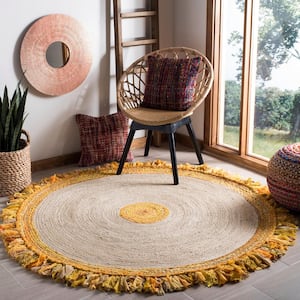 Cape Cod Gold/Natural 5 ft. x 5 ft. Braided Fringe Border Round Area Rug