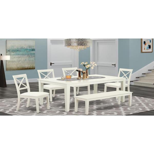 East West Furniture 6-Piece Rectangle Linen White Finish Solid Wood Top Dining Table with 1 Bench, 4 Chairs with Lattice Back