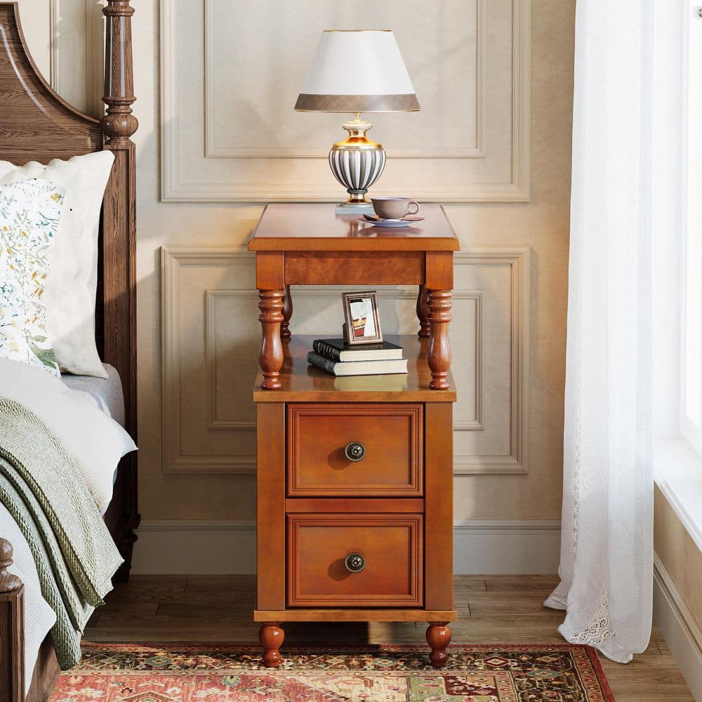 Fenley Brown 2 Drawers Solid Wood 23.62 in. W Nightstand Night Stand Bedside Table with Open Storage Shelf for Bedroom