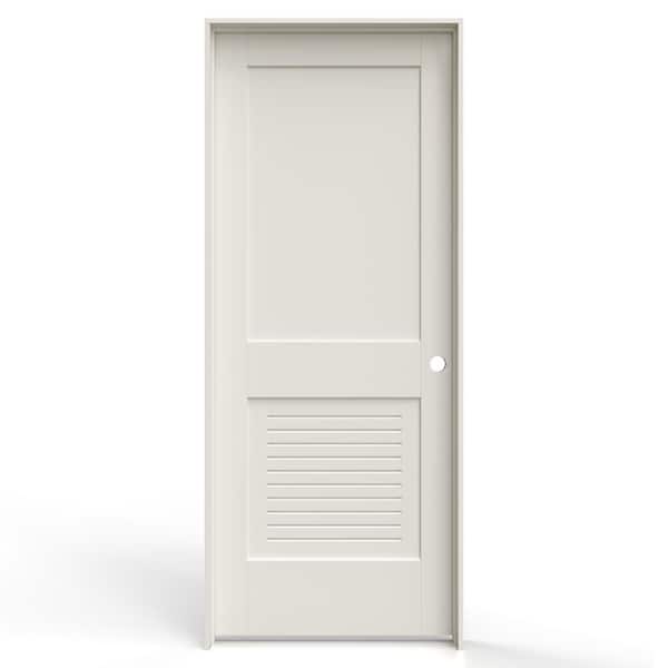 JELD-WEN 32 in. x 80 in. 2 Panel Left-Handed Primed MDF Wood Single Prehung Interior Door Lower Modern Ventilated Panel Louver
