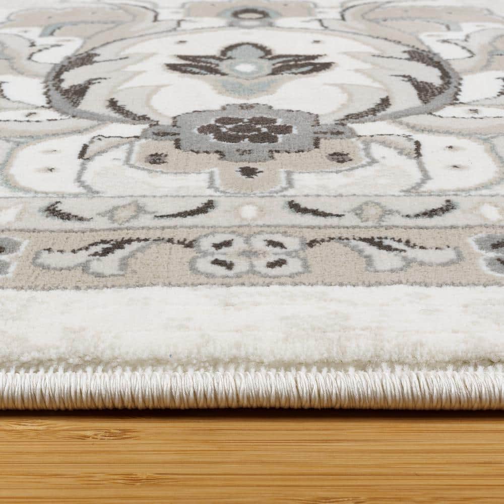 Ivory and Gray Traditional Oriental Floral Border Area Rug