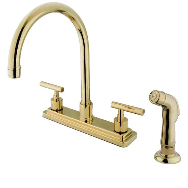 Kingston Brass Manhattan 2-Handle Deck Mount Centerset Kitchen Faucets with Side Sprayer in Polished Brass