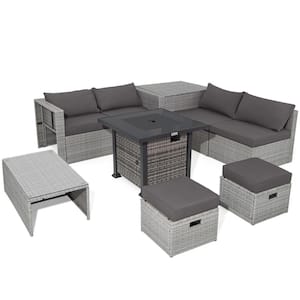 9-Piece Wicker Patio Conversation Set with 32-Inch Propane Fire Pit Table and Gray Cushions