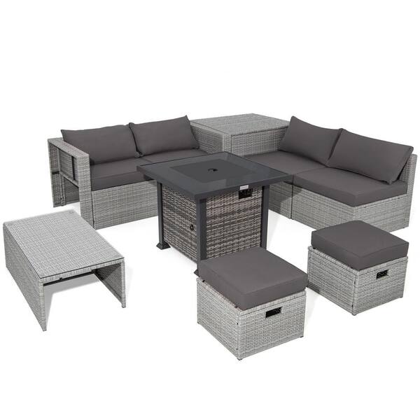 ANGELES HOME 9-Piece Wicker Patio Conversation Set with 32-Inch Propane Fire Pit Table and Gray Cushions