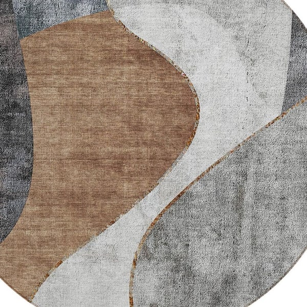 Gray, Charcoal, Brown 8 ft. Round Woven Abstract Polyester Round Indoor/Outdoor Area Rug