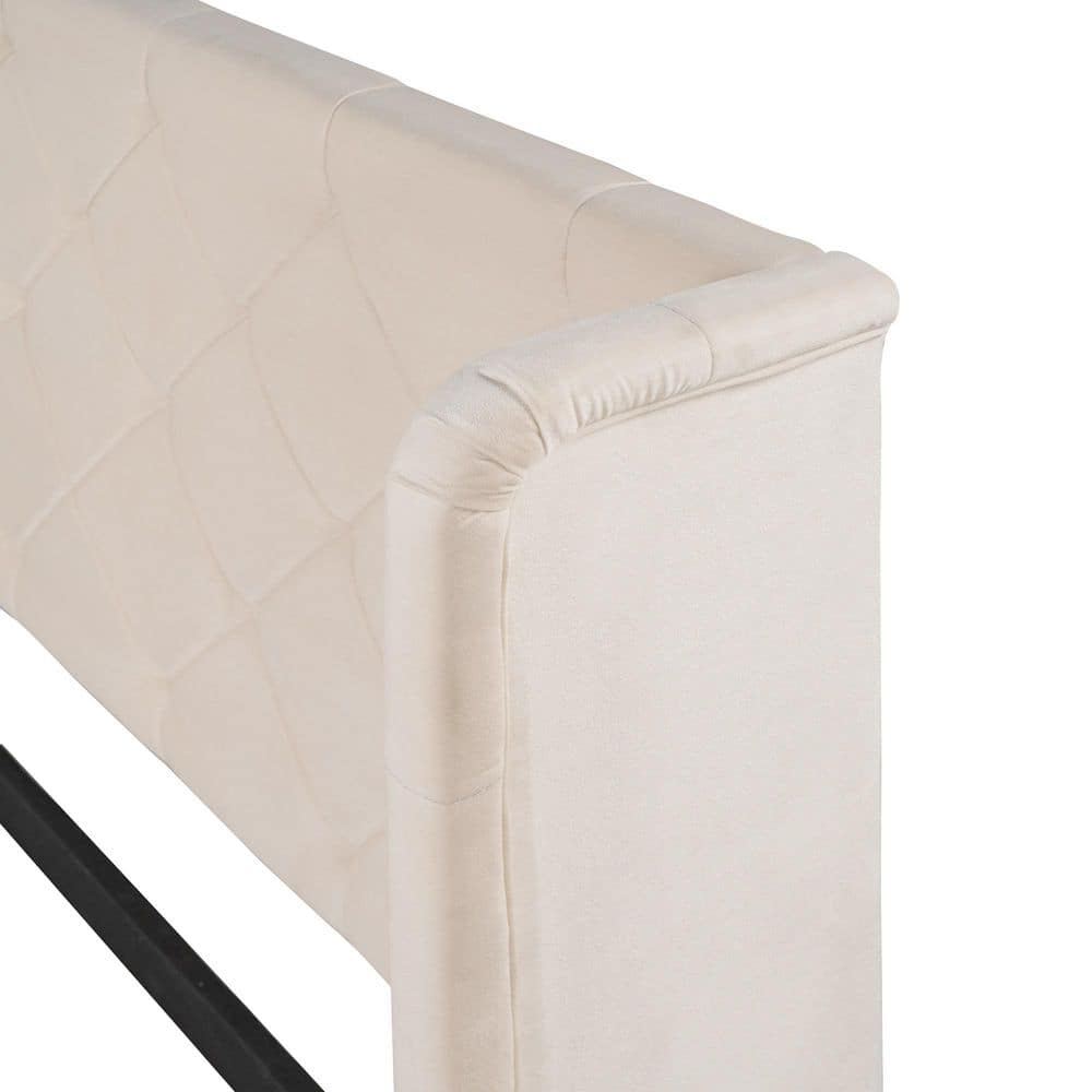 Beige Velvet Upholstered Queen Platform Bed with Storage Drawer