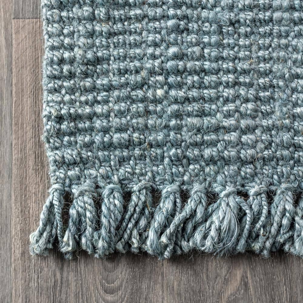 Handwoven Light Blue/Gray Chunky Jute Rug with Fringe - 5x8 Feet