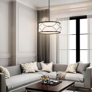 Modern Drum Island Chandelier Light Ray 3-Light Matte Black Cage Chandelier Pendant Light with Fabric Shade