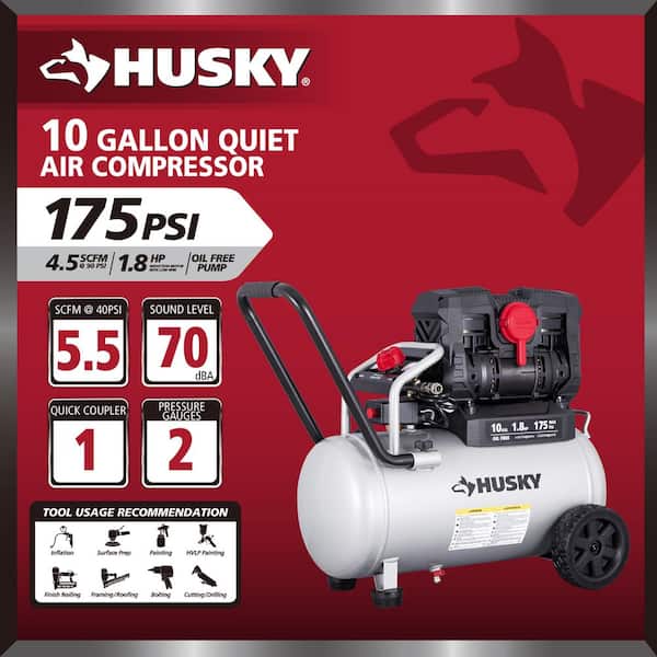 10 Gal. 175 PSI Electric Oil-Free Quiet Auto/Workshop Hotdog Air Compressor with Dual Gauges and 1-Quick Coupler