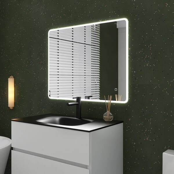 Aolaith Wall Mounted Rectangular Frameless Anti Fog LED Light Bathroom Mirror,Dimmable Vanity Mirror Wrought Studio Size: 36 H x 28 W