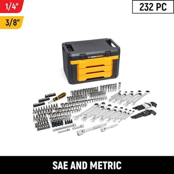 1/4 in. and 3/8 in. Drive Standard and Deep SAE/Metric Mechanics Tool Set in 3-Drawer Storage Box (232-Piece)