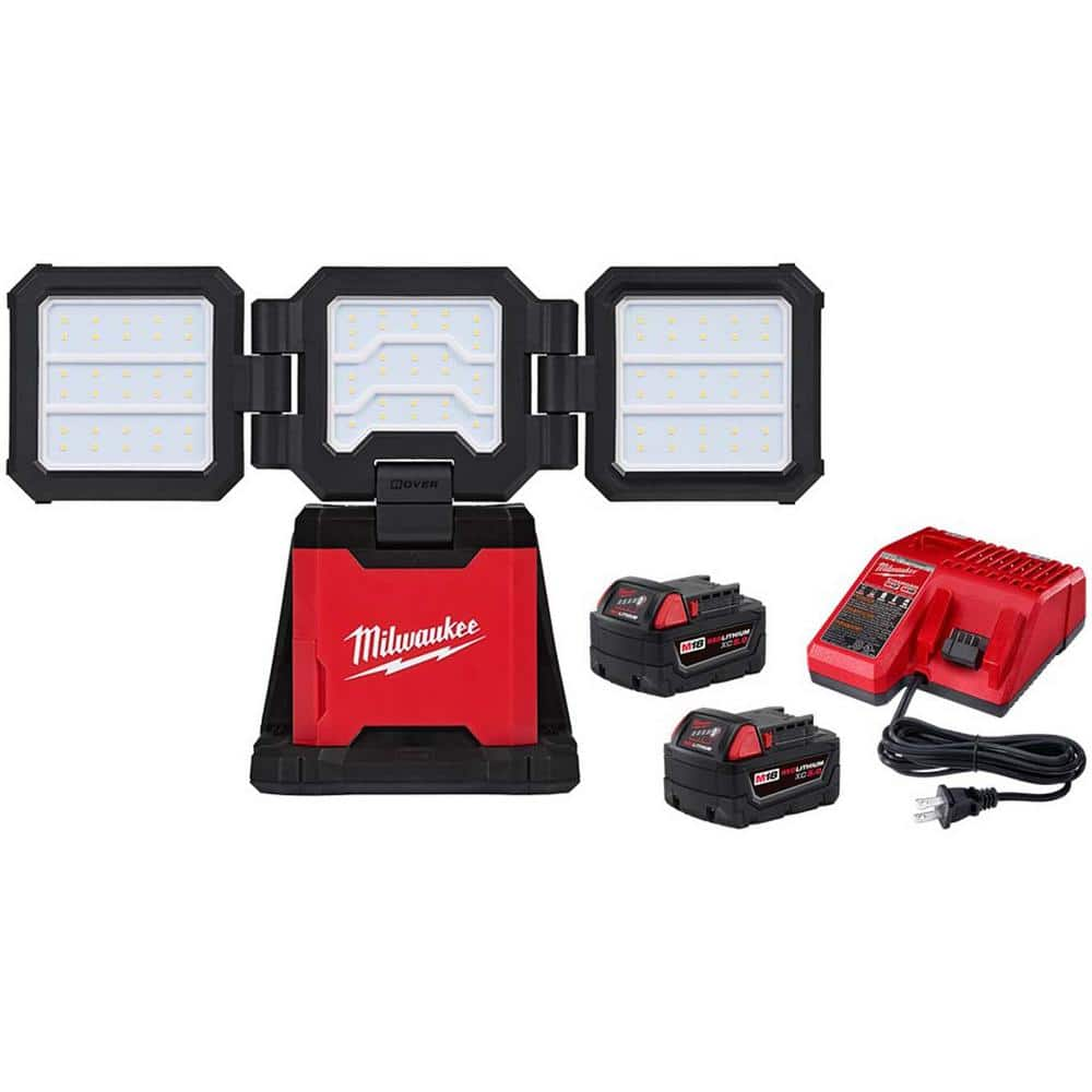 Milwaukee M18 18-Volt Lithium-Ion Cordless 4500 Lumens ROVER Dual Power Triple-Panel Light with Two 5.0Ah Batteries and Charger