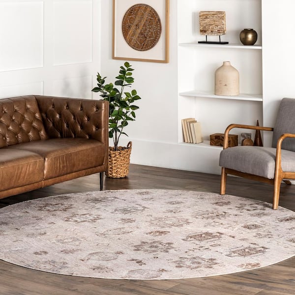 Krystin Machine Washable Distressed Beige 6 ft. x 6 ft. Indoor Round Rug