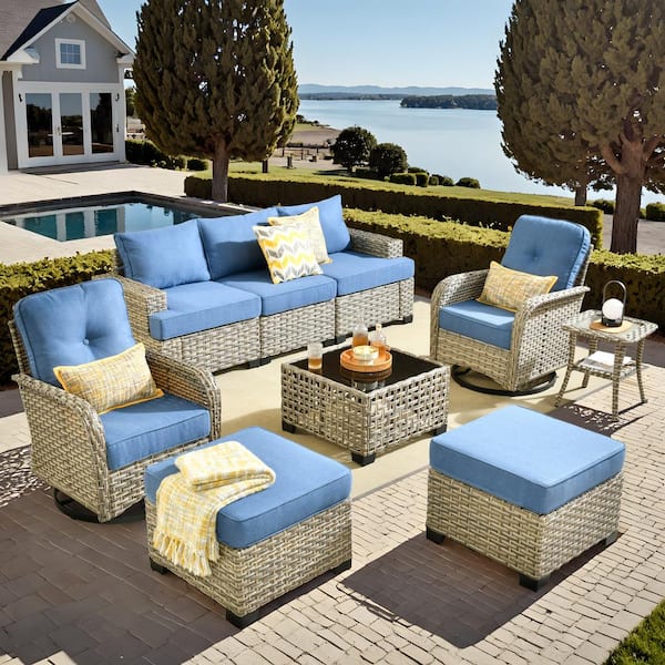 HOOOWOOO Kelleys 9-Piece Wicker Modern Outdoor Patio Conversation Sofa Set with Swivel Chairs and Sky Blue Cushions