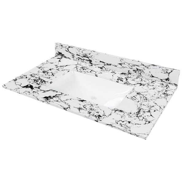 grossag 37 in. W x 22 in. D Cultured Marble White Rectangular Single Sink and Bathroom Vanity Top in New Carrara Black and White