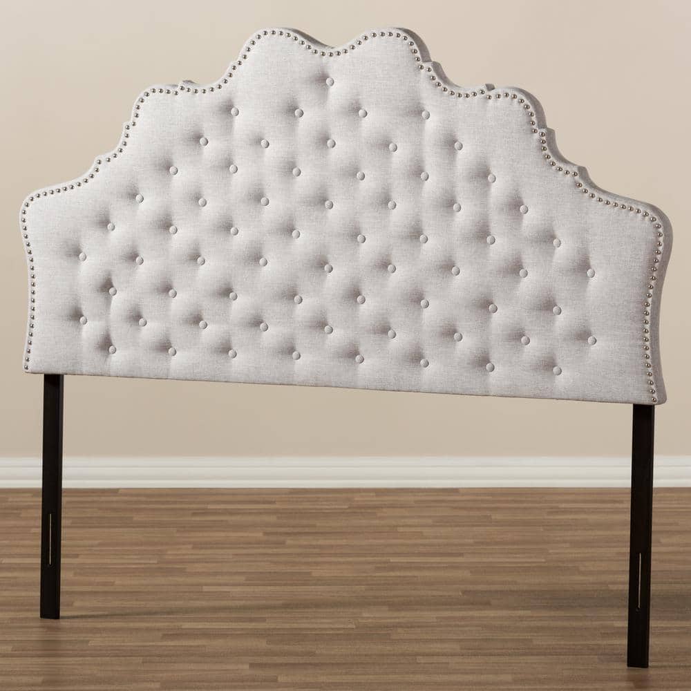 Greyish Beige Tufted Upholstered Queen Headboard with Nailhead Trim