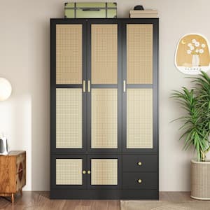 Black and Yellow Wooden 47.2 in. Width Bedroom Armoire, Wardrobe with 5-Shelves, Rod Cabinet and 2-Drawers