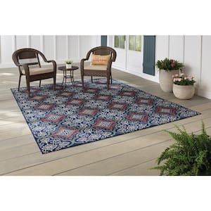 Star Moroccan Navy/Coral 5 ft. x 7 ft Floral Indoor/Outdoor Patio Area Rug