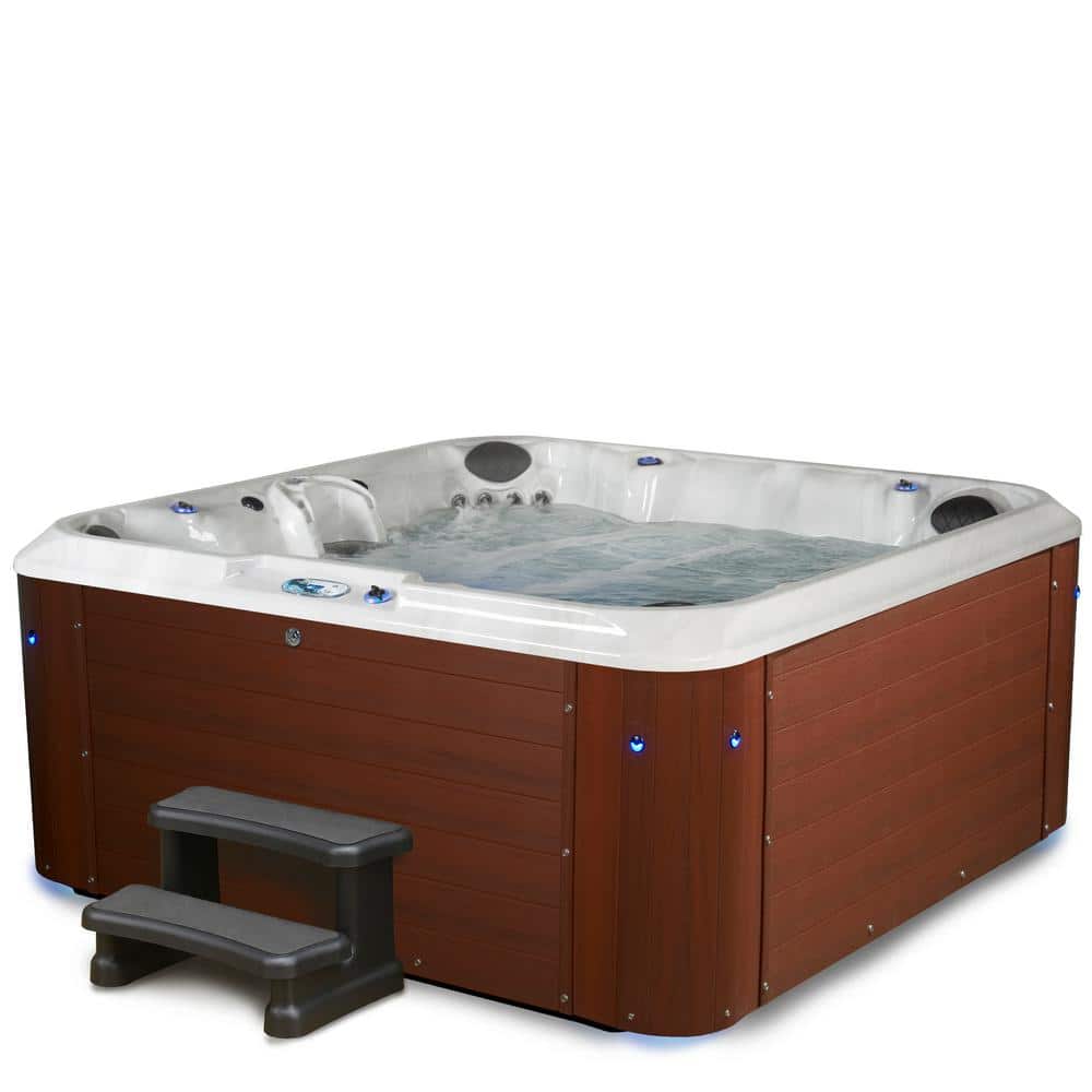 Redwood and Gloss White 6-Person Square Hot Tub with 100 Jets