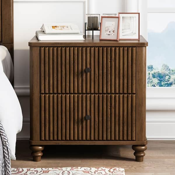 Gideus Mid-Century Modern Walnut 3 Drawer 21.65 in. W Wood Nightstand with Metal Handles (Set of 2)