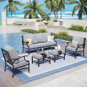 Black 5-Piece Meshed 7-Seat Metal Outdoor Patio Conversation Set with Gray Cushions and 2 Ottomans