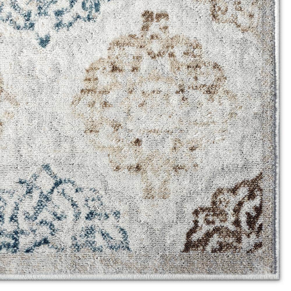 Ivory and Navy Blue Tufted Rectangular Synthetic Area Rug