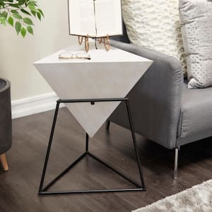 17 in. White Inverted Pyramid Geometric Large Triangle Wood End Table with Black Metal Stand