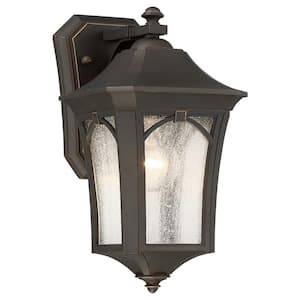 Solida 1-Light Oil Rubbed Bronze with Gold Highlights Outdoor Wall Lantern Sconce with Clear Seeded Glass