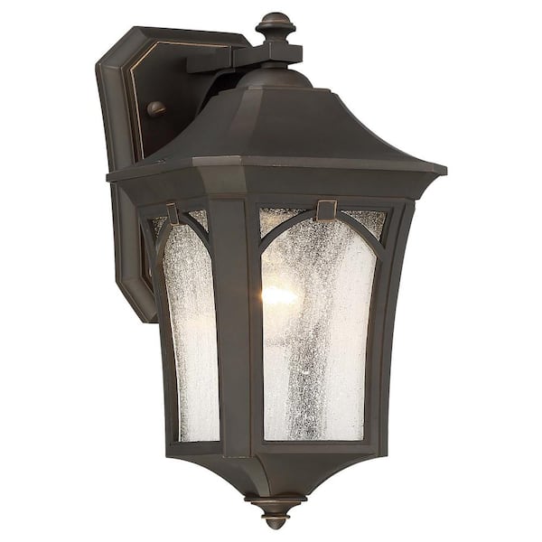 the great outdoors by Minka Lavery Solida 1-Light Oil Rubbed Bronze with Gold Highlights Outdoor Wall Lantern Sconce with Clear Seeded Glass