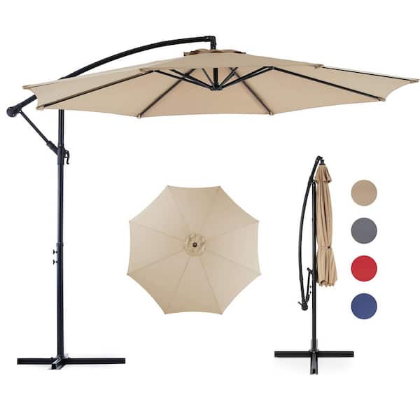 Sudzendf 9.8 ft. Market Patio Umbrella, Hanging Cantilever Umbrella in Khaki with Easy Tilt Adjustment, 8-Ribs, UV Protection