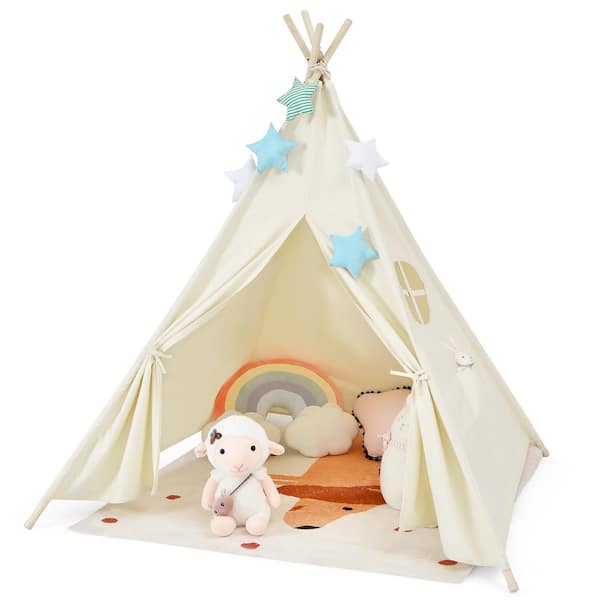 Costway Kids Canvas Teepee Play Tent Foldable Playhouse Toys for Indoor Outdoor
