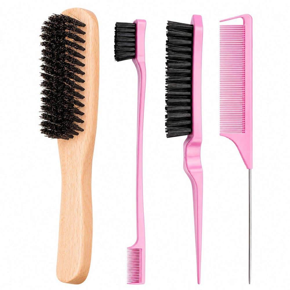 Black Boar Bristle Slick Back Hair Brush with Rat Tail Handle for Smoothing Flyaways and Edges
