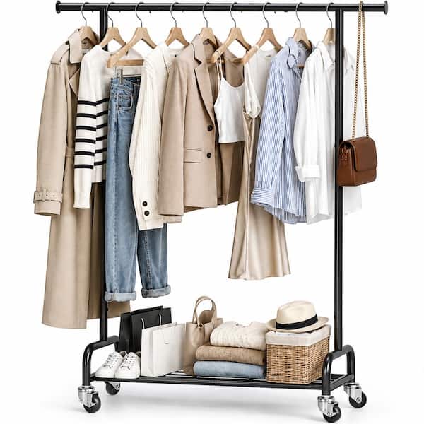 Clothes Rack, Metal Garment Rack with Wheels and Bottom Shelf, Portable Wardrobe Organizer for Closet Bedroom Laundry