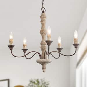 Wood Candle Chandelier 5-Light Weathered White Dining Room Chandelier Bronze Rustic Chandelier with French Country Style