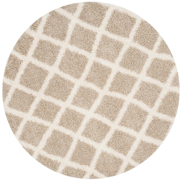 SAFAVIEH Dallas Shag Beige/Ivory 6 ft. x 6 ft. Round Multi-Diamonds Geometric Area Rug