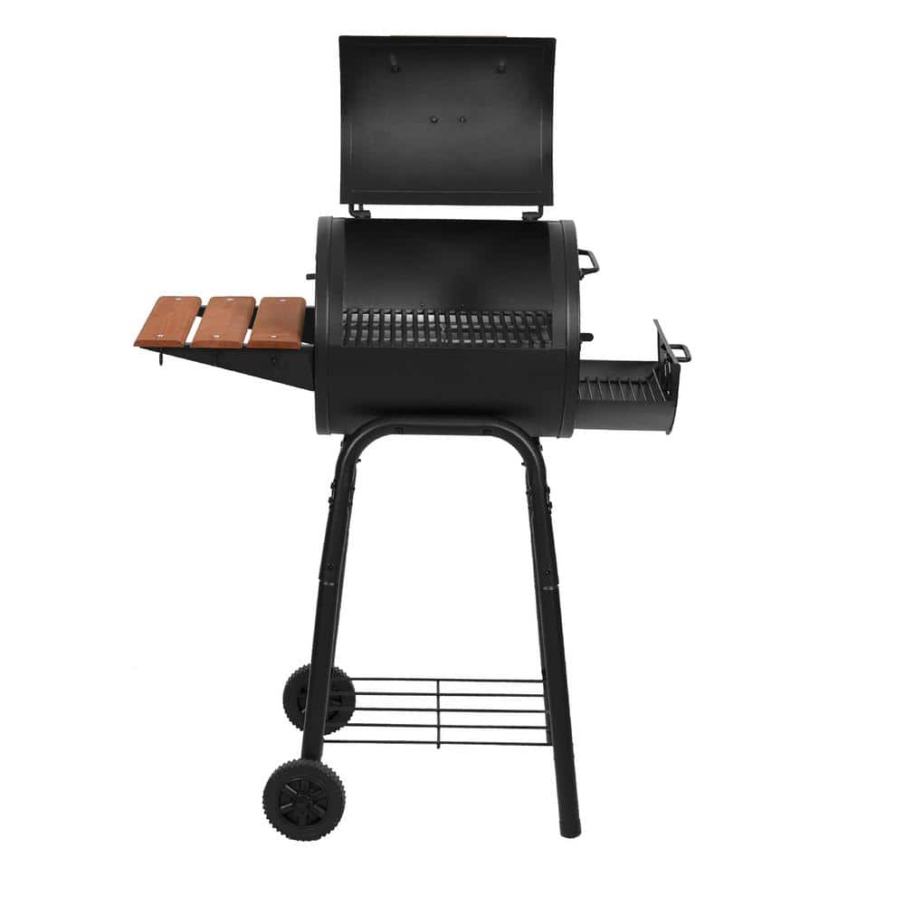 Black Barrel Charcoal Grill with Wood Shelf and Cast Iron Grates
