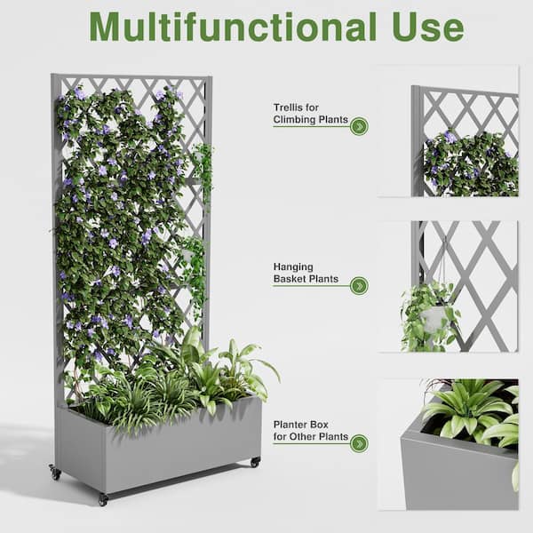 Unbranded - 35 in. x 16 in. x 71 in. Grey Galvanized Steel Rectangular Raised Garden Bed Planter Box With Climbing Frame, Wheels