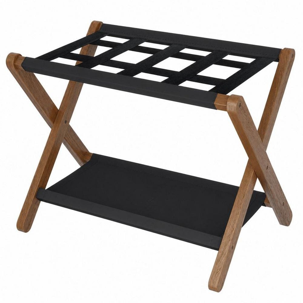 Numhew Heavy-Duty Walnut Folding Luggage Rack with Storage Shelf