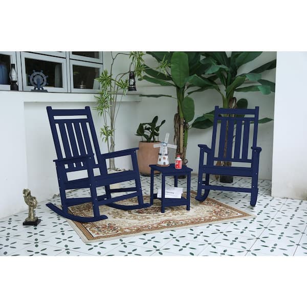 3-Piece All-Weather Rocking Chair Set with Side Table, Ergonomic Backrest & Widened Armrests & Contoured Seat in Blue