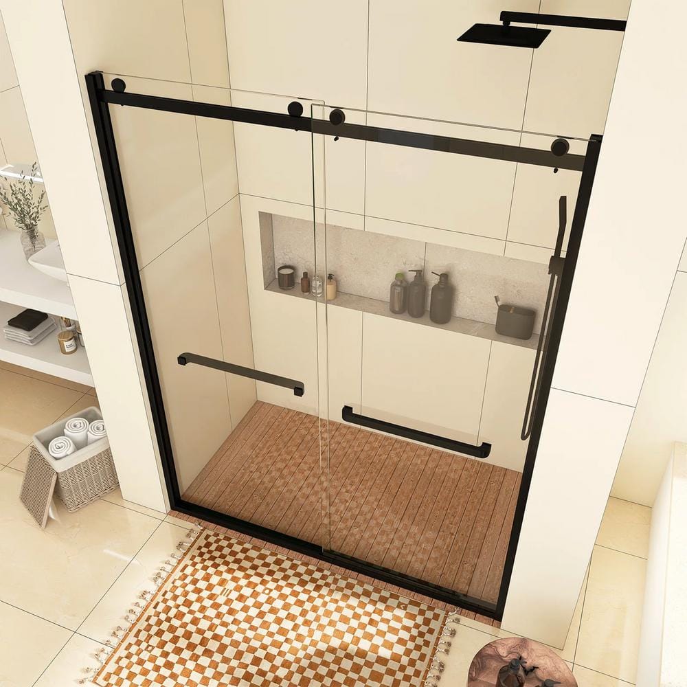 60-Inch Matte Black Frameless Sliding Shower Door with Clear Glass