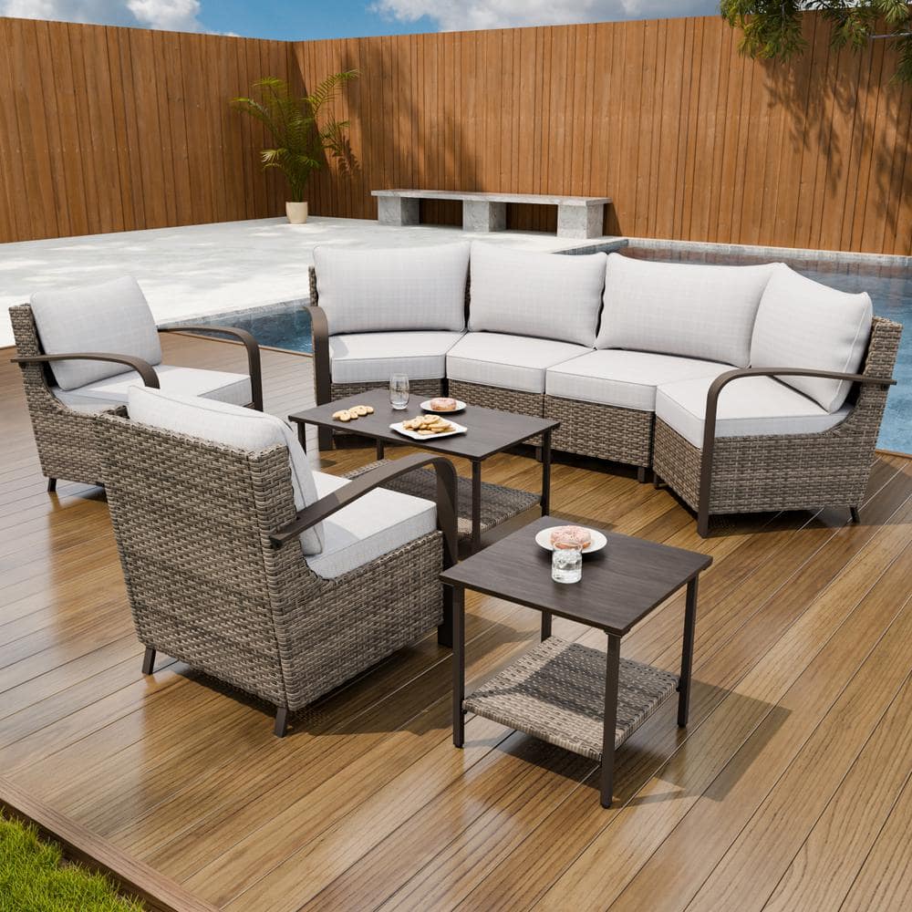 8-Piece Brown Steel Wicker Outdoor Sectional Sofa Set with Beige Cushions